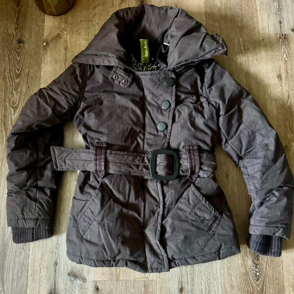 Soia & Kyo Brown Down Plaid Checkered Puffer Belted Winter Warm Coat‎ Size Large